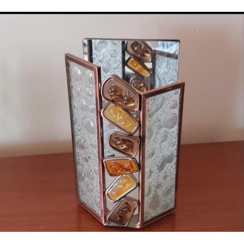 VTG Glass Partylite Candle Holder mosaic Retro Brown Yellow Copper 60s 70s Style